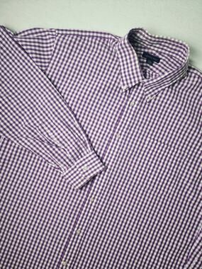 LANDS END Men’s XXL 18-18.5 Button Down Purple & White Mini Check Plaid Shirt